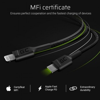 Green Cell Power Stream - Kabel Przewód USB-C - Lightning 100 cm ze wsparciem Power Delivery (Apple MFi Certified)