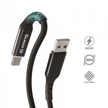 Crong Armor Link – Kabel 60W z USB-C na USB-A w oplocie 150cm (czarny)
