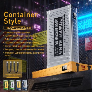 WEKOME WP-341 Container Series - Power bank 20000 mAh Super Charging z wbudowanym kablem USB-C & Lightning PD 20W + QC 22.5W (Żó
