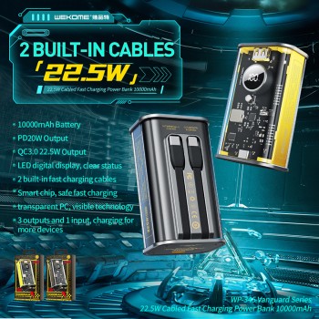 WEKOME WP-345 Vanguard Series - Power bank 10000 mAh Fast Charging z wbudowanym kablem USB-C & Lightning PD 20W + QC 22.5W (Żółt