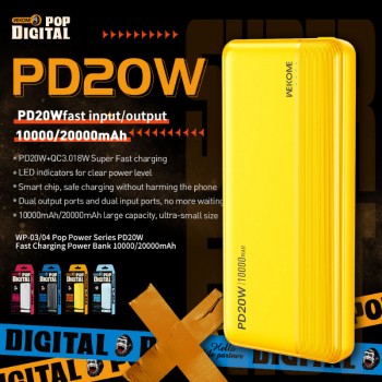 WEKOME WP-04 Pop Digital Series - Power bank 20000 mAh Fast Charging USB-C PD 20W + USB-A QC3.0 18W (Żółty)