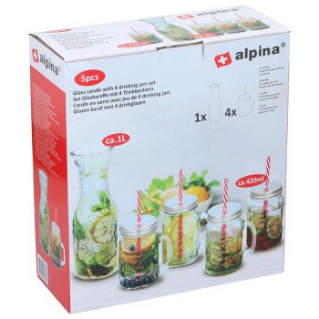 Alpina - Zestaw szklanych słoików do napojów ze słomkami 4 szt. z karafką 1 l